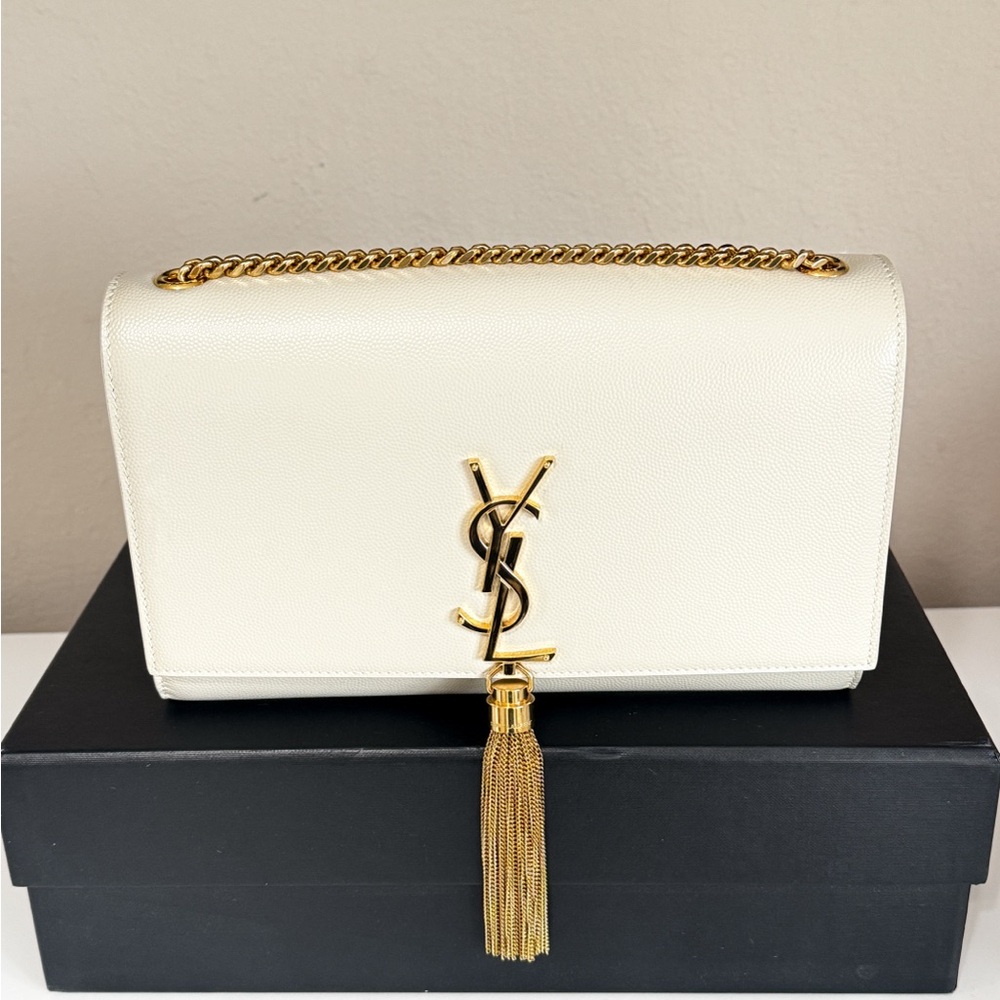 YSL Kate Tassel Chain Bag Off-White/Cream Leather Gold Hardware - Full Set